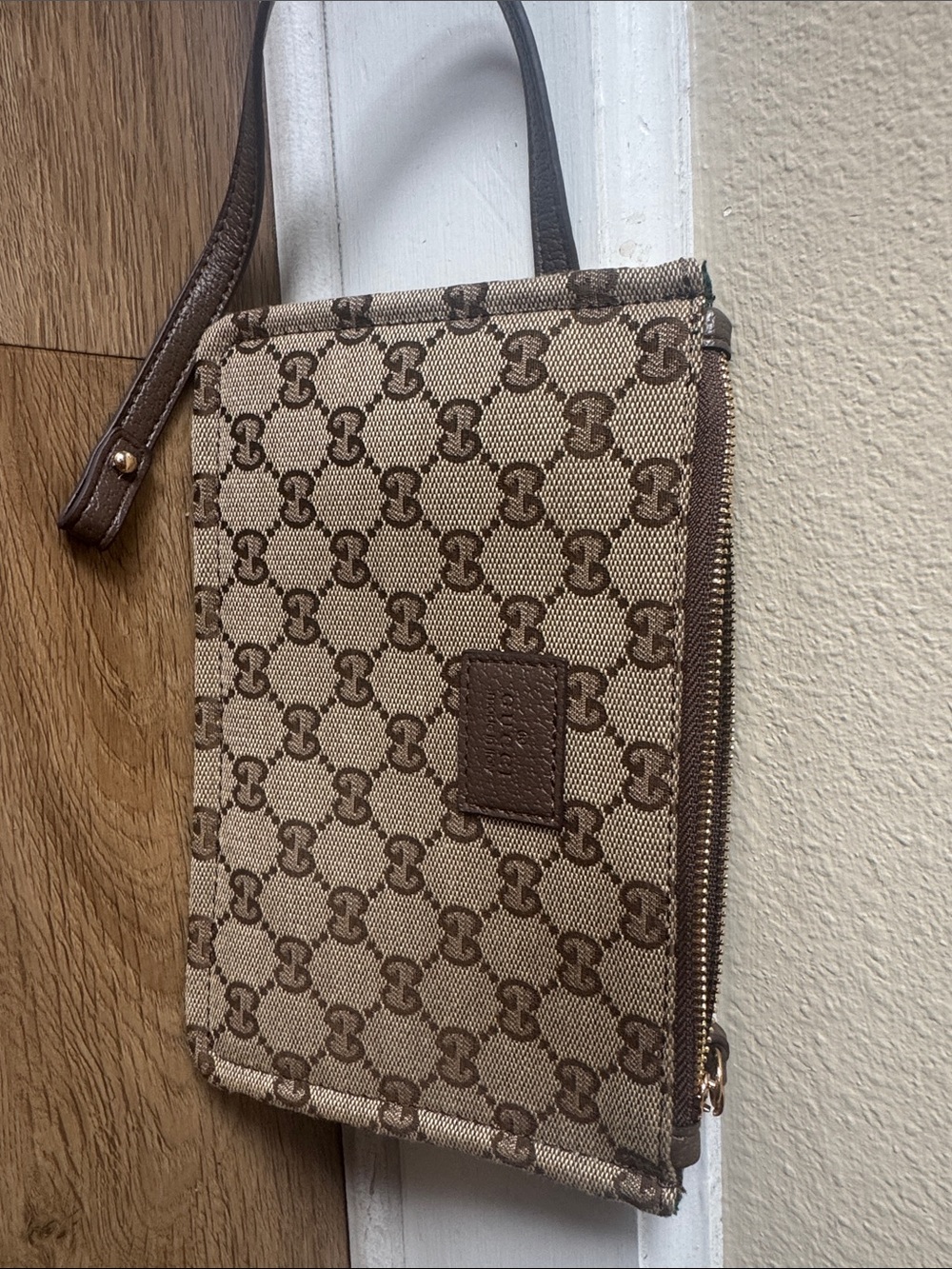Gucci Beige and Brown GG Canvas Wristlet Pouch